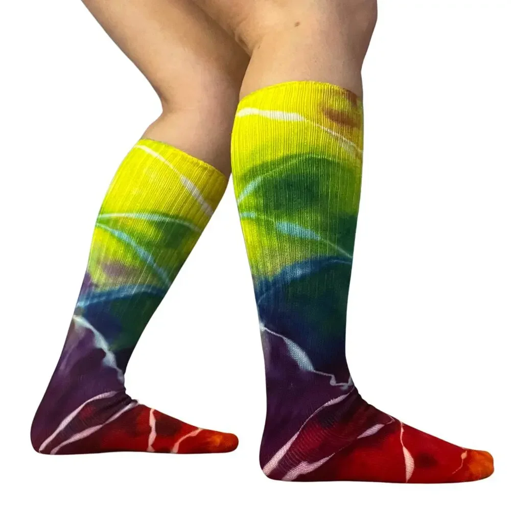 Ice Dyed Bamboo Socks - Tie Dye Stockings - Rainbow Red Yellow Green (One Size)